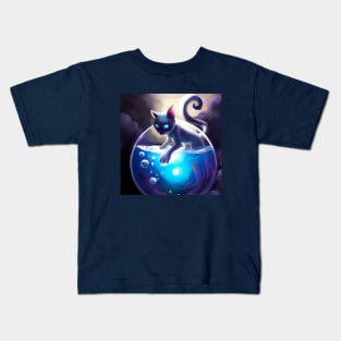 Magical Cat Harnesses the Glowing Power of a Mystical Fish Bowl Kids T-Shirt